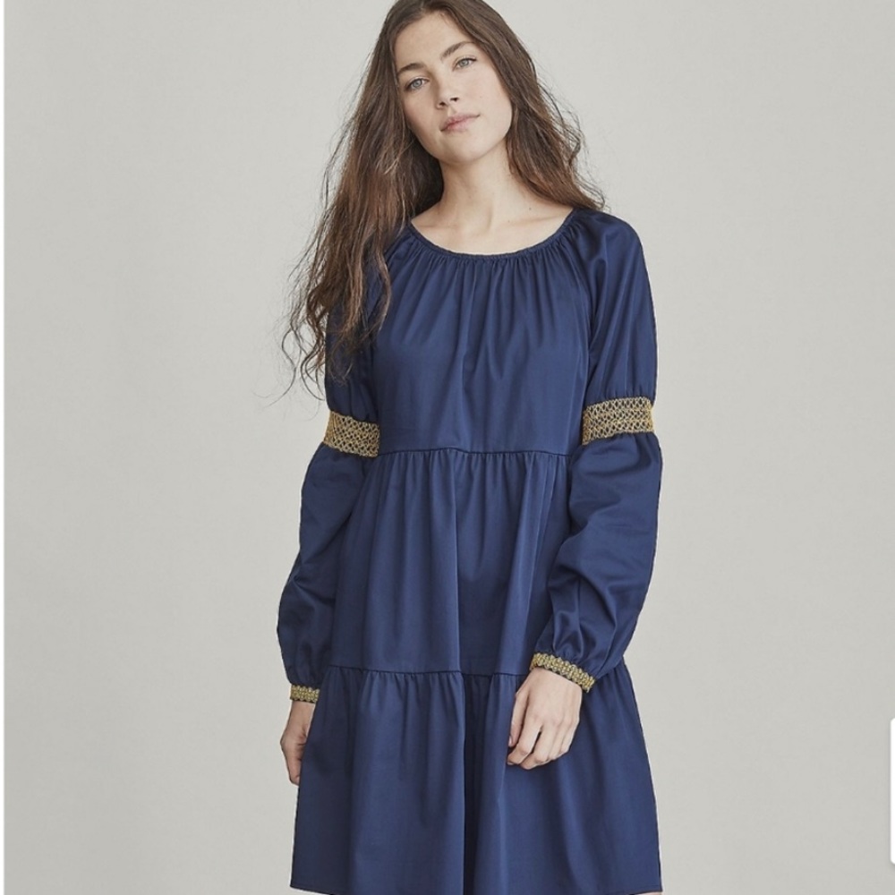 Elizabeth and James Navy Blue Midi Dress with Gold Accents